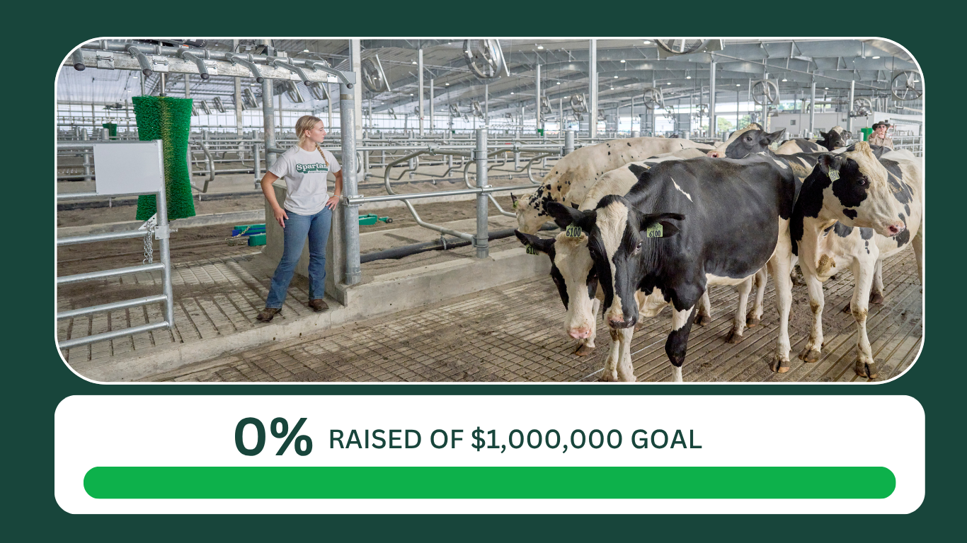 Image of a student at the MSU Dairy facility working with cows. Beneath the image is a progress to goal graphic that indicates that CANR is 0 perect of the way towards reaching its goal of raising $1,000,000 for the new Dairy facility. 